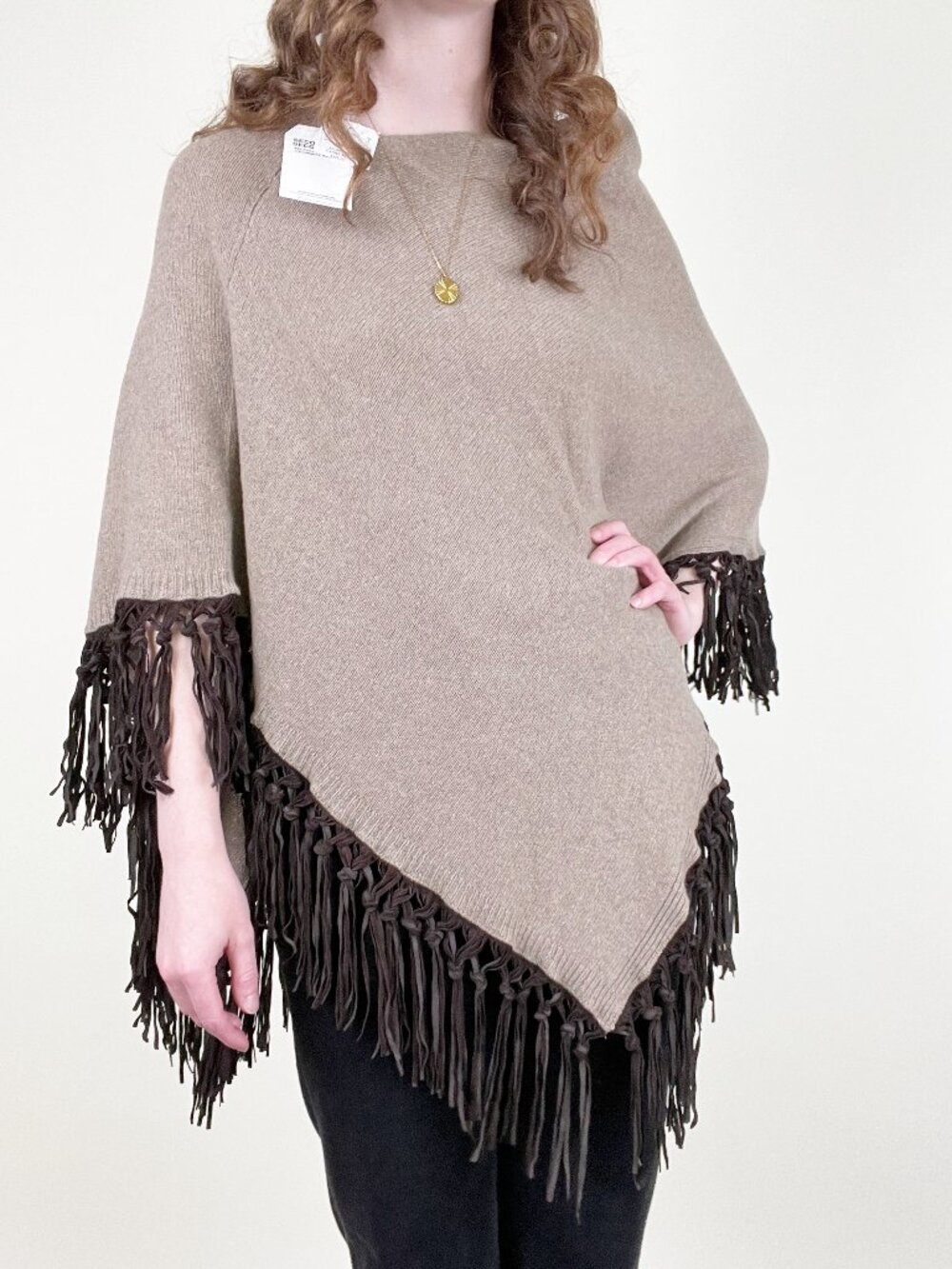 New Cashmere Wool Leather Fringe Poncho Sweater Western Boho Fall Cozy Bohemian - Picture 9 of 9